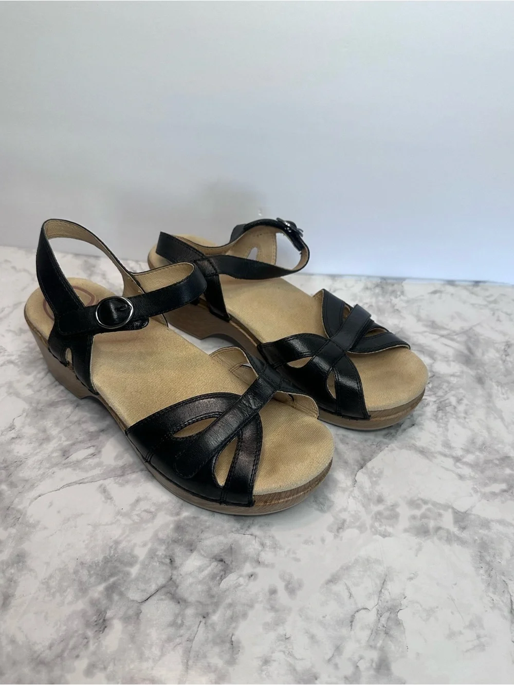 Dansko Candace Ankle Strappy Wedge Black Sandals size 38(7.5-8)